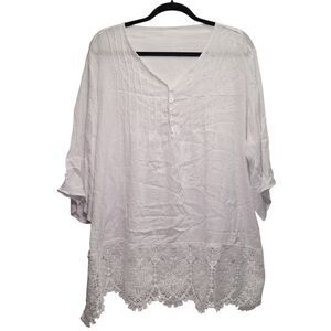 Women White eyelet cotton tunic blouse top perforated lace trim 3/4 Slv XXXL